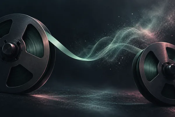 Tape reels with a sound ribbon dissolving into a soft atmosphere