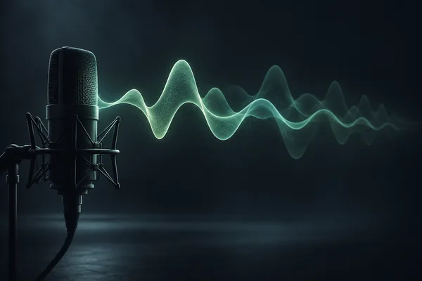 A microphone with fading mint-coloured echo waves